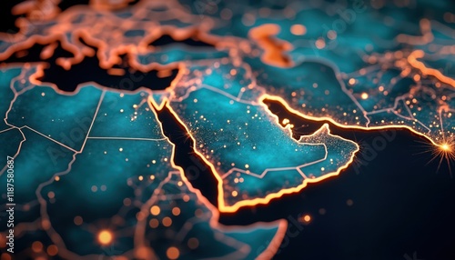 Abstract global network map of Saudi Arabia Middle East, North Africa. Highlighted tech connectivity, data transfer. Shows modern information exchange, telecommunication. Visualizes cyberspace