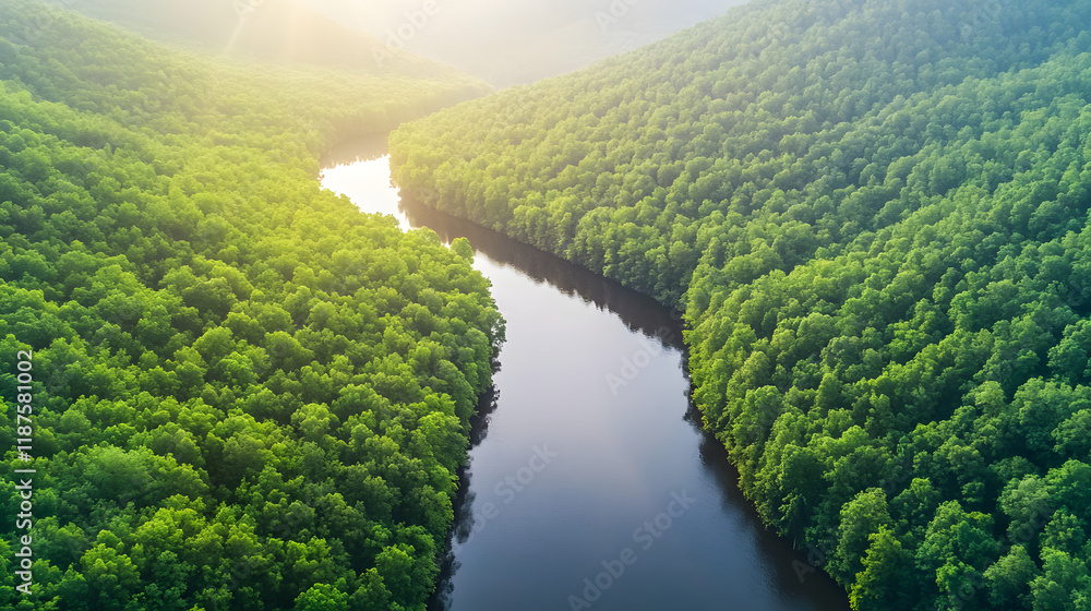 Fototapeta premium Aerial view of a tranquil river winding through a dense, lush green forest, with clear water reflecting the trees. The forest is rich in vibrant greenery, and the river appears calm and peaceful.