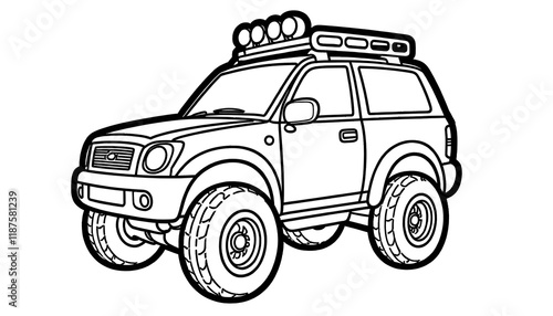 Clean line art of an offroad SUV and a sleek sports car in black and white style. Bold outlines, perfect for coloring books, featuring rugged 4x4 details and modern vehicle designs.