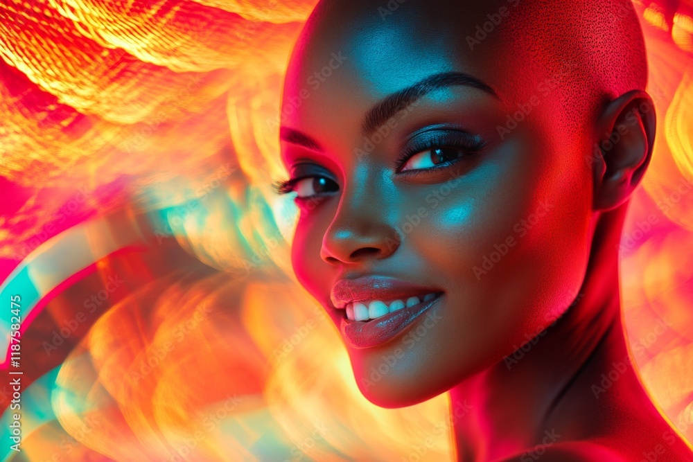 Fototapeta premium Pretty happy black girl - for ads, banner and digital marketing use. Short hairdo - bald head - no hair. Commercial marketing idea. Fashionable african american beauty. African american beauty.
