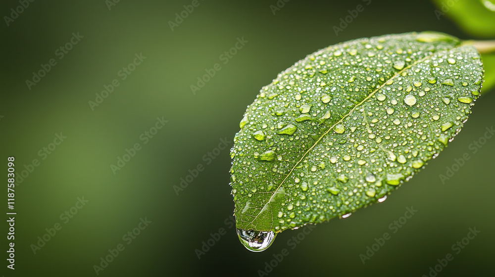 Fototapeta premium Fresh green leaf with water droplets, showcasing nature beauty and detail. vibrant colors and textures highlight importance of water in plant life