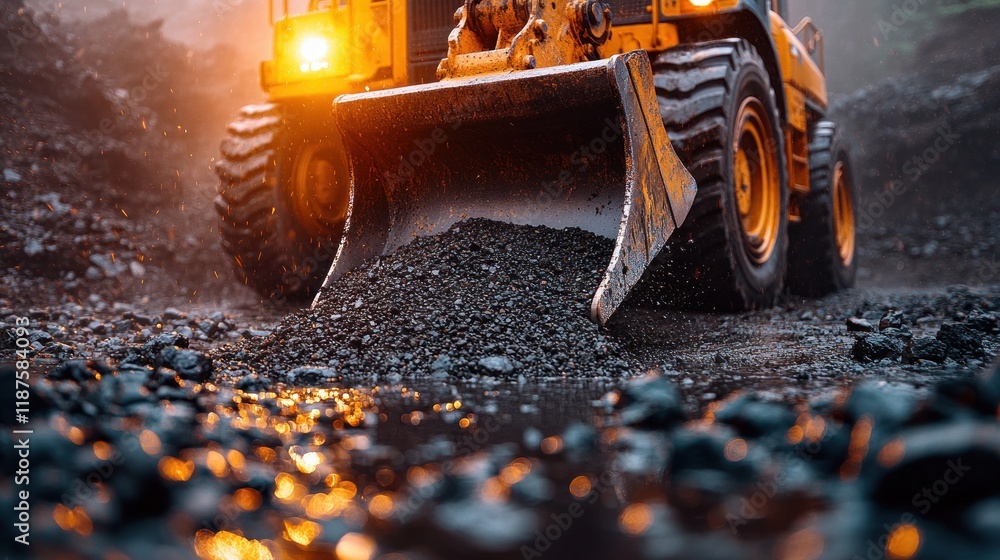 Excavator Bucket Scooping Gravel in Industrial Environment with Dramatic Lighting and Textures Excavator Bucket Scooping Gravel in Industrial Environment with Dramatic Lighting and Textures