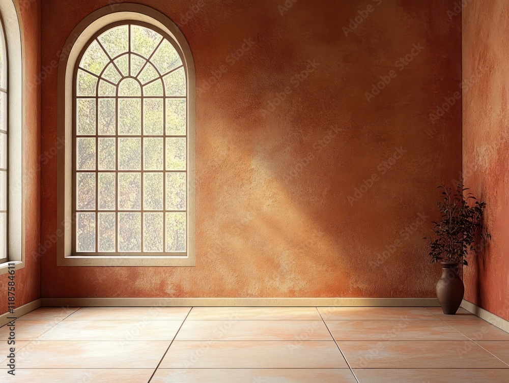 Warm terracotta interior with arched window and soft lighting minimalist design Warm terracotta interior with arched window and soft lighting minimalist design