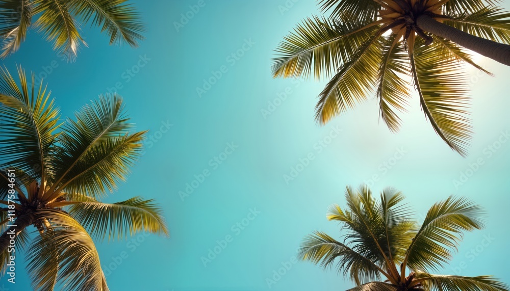 Tropical paradise view from below. Green palm trees against clear sky. Sunny day. Ideal vacation spot. Relaxed holiday atmosphere. Beautiful natural landscape. Summer vibes. Perfect background for Tropical paradise view from below. Green palm trees against clear sky. Sunny day. Ideal vacation spot. Relaxed holiday atmosphere. Beautiful natural landscape. Summer vibes. Perfect background for