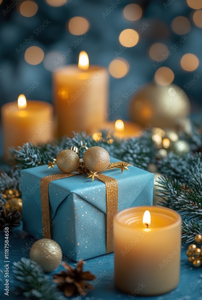 Chanukah Gift Box with Ribbon Bow on Blue Background with Gold Stars and Candles for Jewish Holiday Celebration Chanukah Gift Box with Ribbon Bow on Blue Background with Gold Stars and Candles for Jewish Holiday Celebration