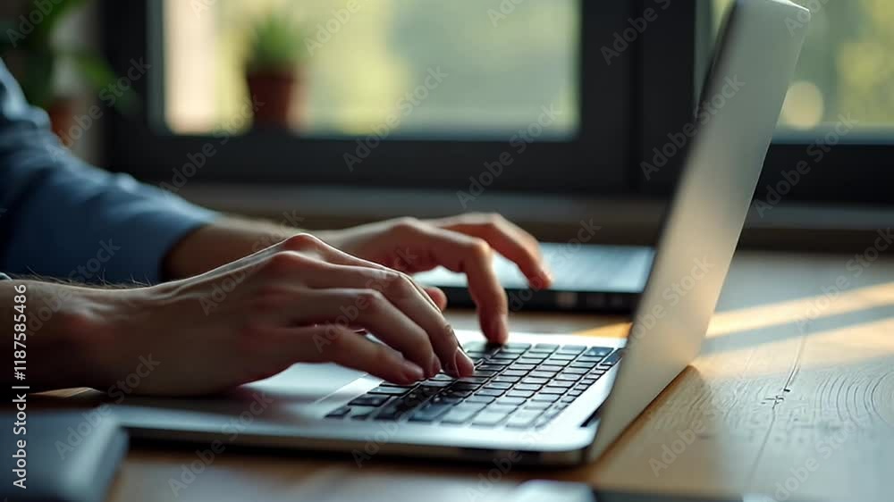 Close-up of hands typing on a laptop keyboard, near a window. Close-up of hands typing on a laptop keyboard, near a window.