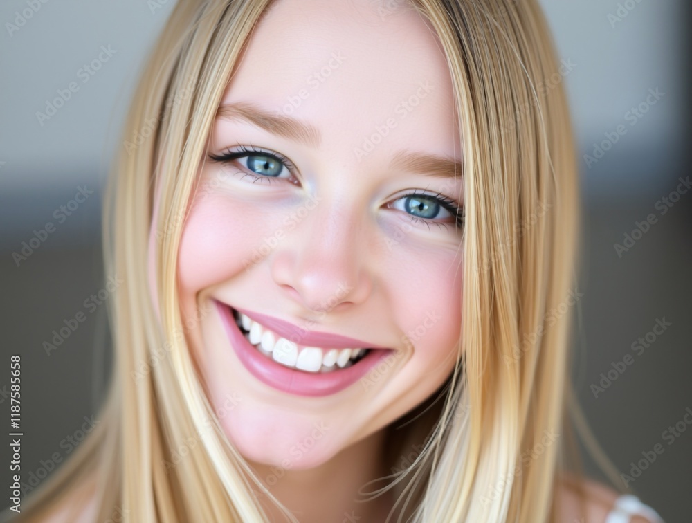 a close-up portrait of a young woman with long blonde hair. She is smiling widely, showing her teeth, and her eyes are looking directly at the camera. The background is blurred. a close-up portrait of a young woman with long blonde hair. She is smiling widely, showing her teeth, and her eyes are looking directly at the camera. The background is blurred.