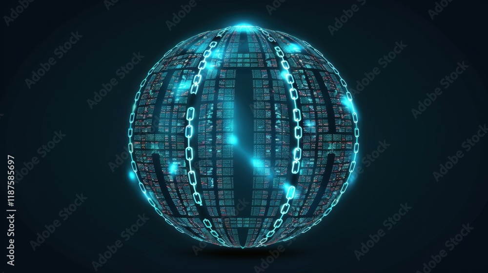 Obraz premium Digital globe with data streams and glowing chains, representing technology and connectivity