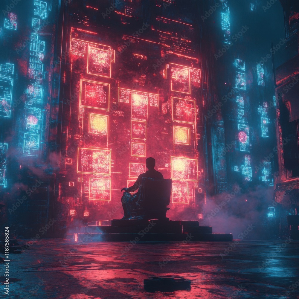 Futuristic Scene with Neon Lights and Mysterious Figure Futuristic Scene with Neon Lights and Mysterious Figure