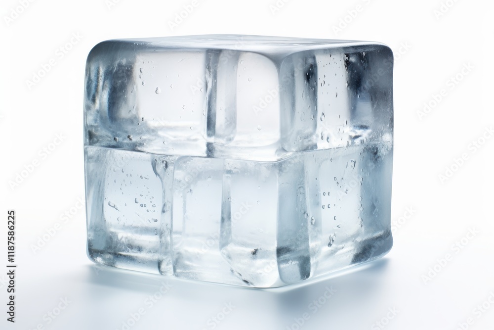 Clear ice cube resting on a smooth surface with bubbles trapped inside during bright daylight Clear ice cube resting on a smooth surface with bubbles trapped inside during bright daylight