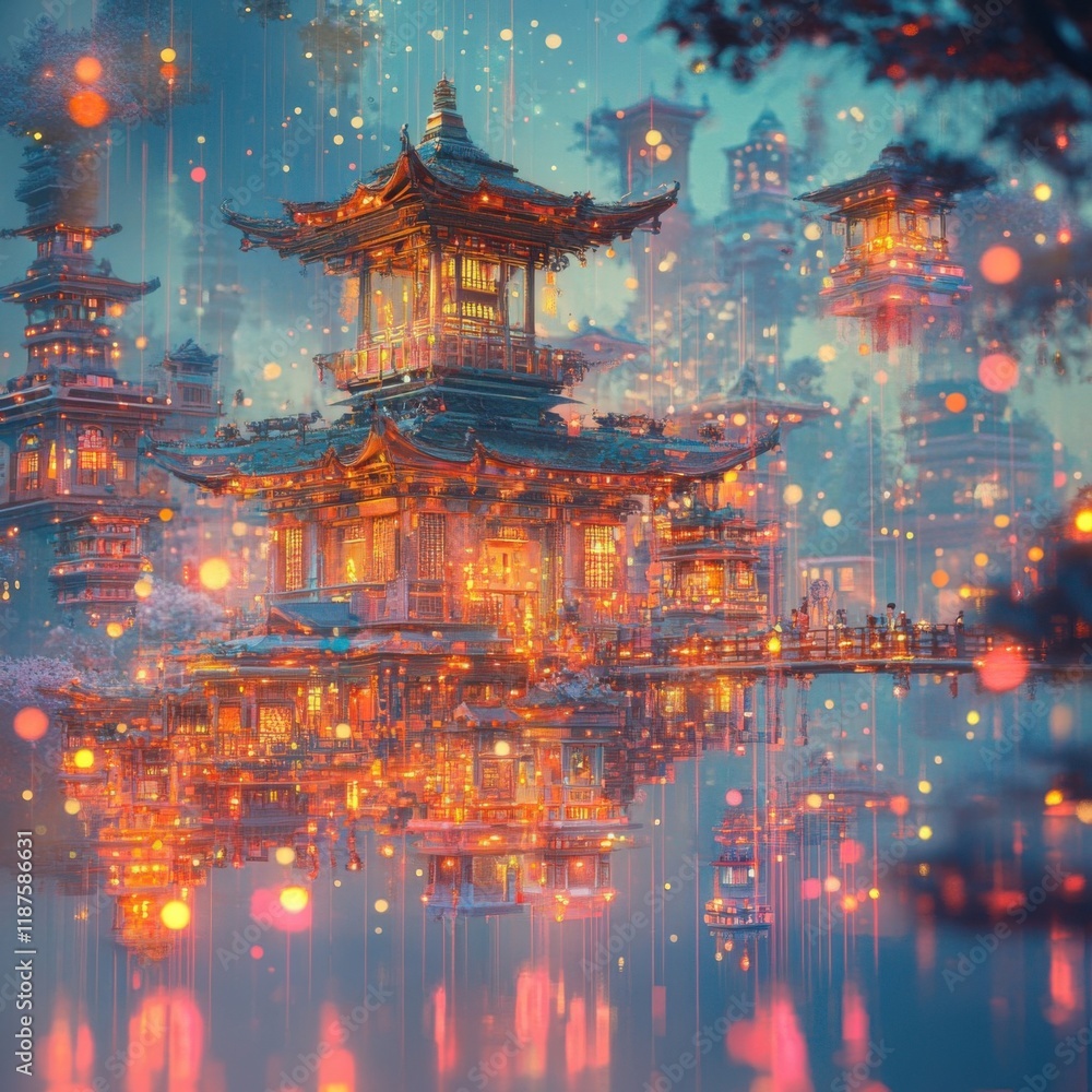 Fototapeta premium Serene Asian Architecture in Misty Reflection