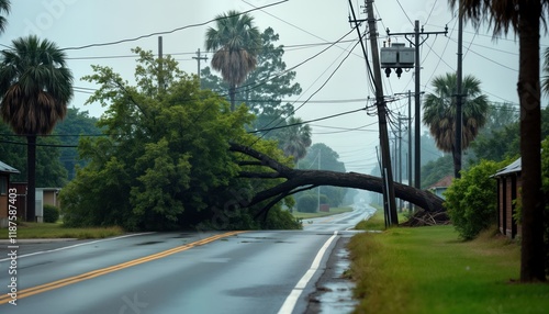 Fallen tree entangled in power lines blocks road after hurricane. Transformer on utility pole. Severe infrastructural damage. Storm aftermath. Road access disrupted. Power supply compromised. photo