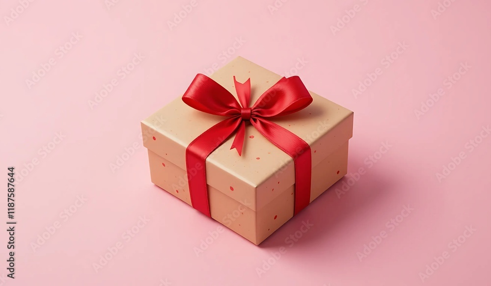 Obraz premium A beautifully wrapped gift box with a red ribbon on a pink background.