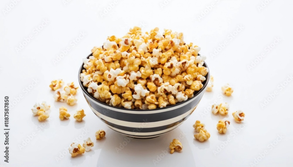 Caramel popcorn in a striped bowl on a white background with scattered pieces around for snack and dessert concepts Caramel popcorn in a striped bowl on a white background with scattered pieces around for snack and dessert concepts