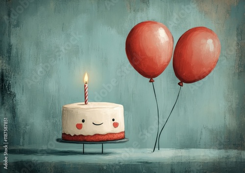 Minimalist Birthday Cake with Candle and Balloons Hand-Drawn Graphic photo