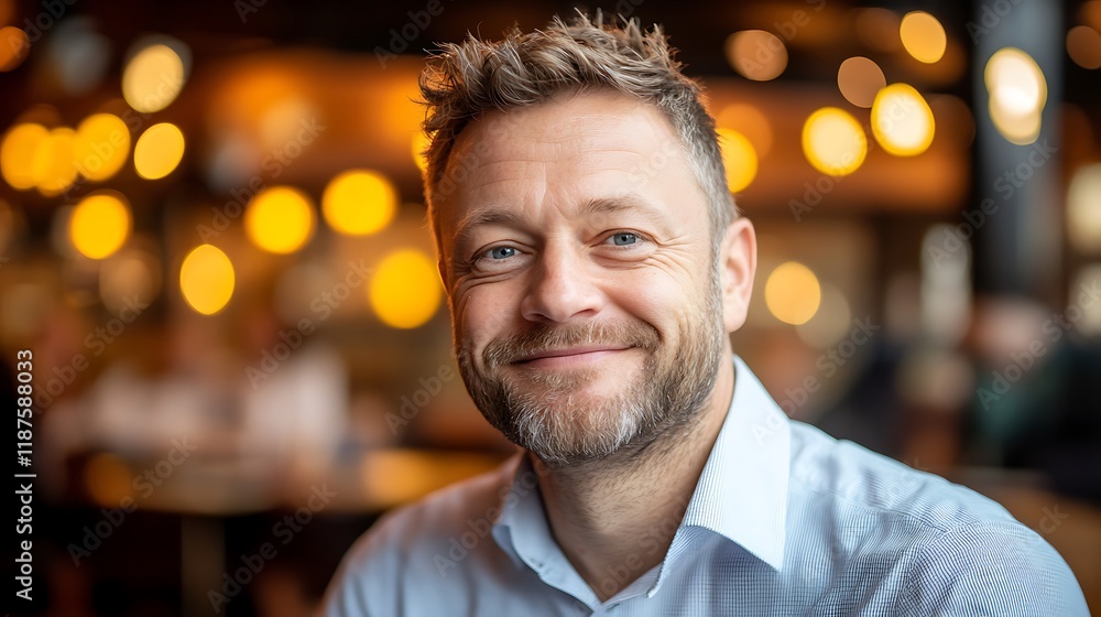 Happy Man Smiling in a Restaurant Setting Happy Man Smiling in a Restaurant Setting