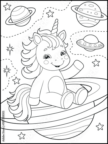 Space Unicorn Coloring Page for Kids. Printable Black and White Activity Sheet with a Cute Unicorn Cartoon Character.