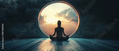 Person meditating looking out circular window