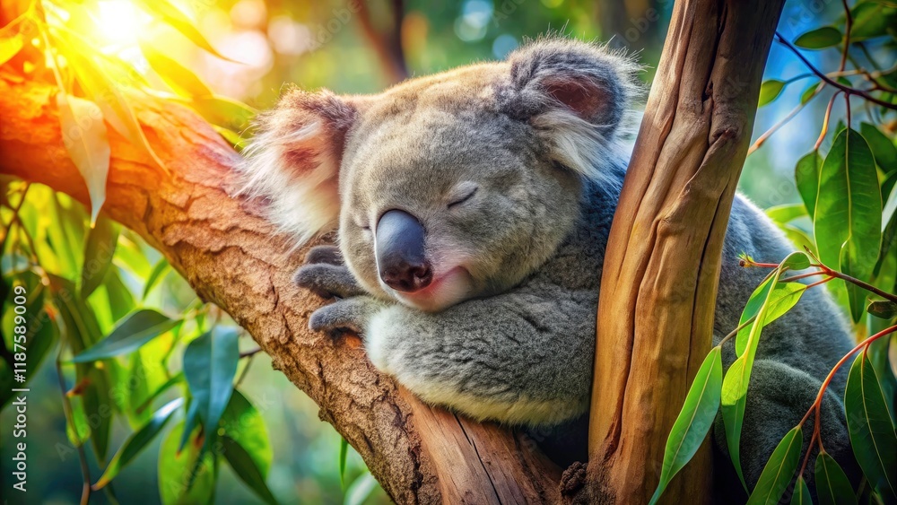Fototapeta premium Adorable Koala Sleeping in Eucalyptus Fork: Cute Wildlife Photography, Aussie Animal, Nature Image
