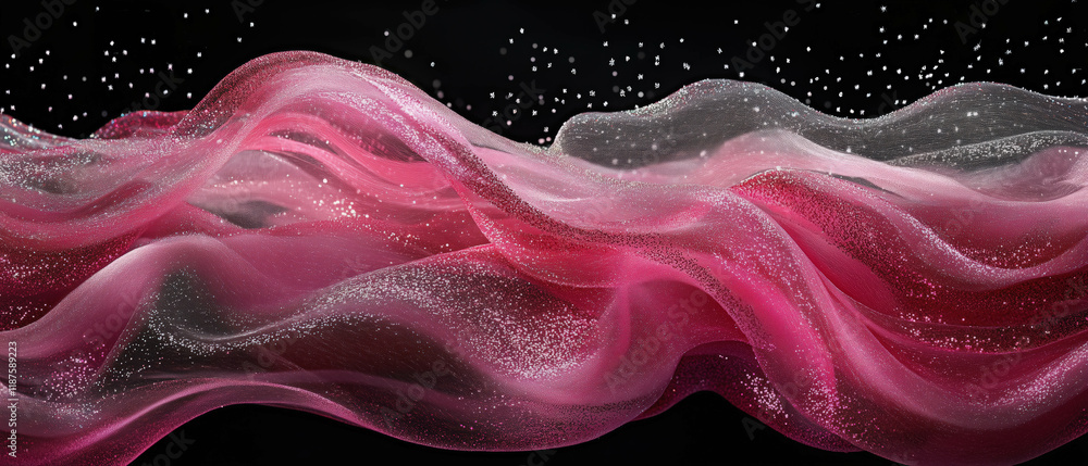 Obraz premium Flowing pink confetti wave with starlike specks in a black void