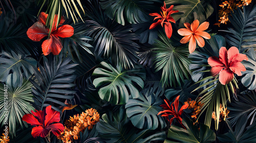 The image depicts a lush tropical scene with vibrant red and orange flowers interspersed among dark green and blue palm leaves