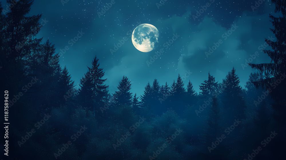 Fototapeta premium Moody and atmospheric night sky with glowing moon and silhouetted evergreen forest. Moonbreeze. Illustration