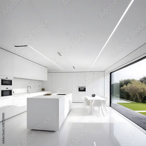 Modern minimalist white kitchen and dining area with a view