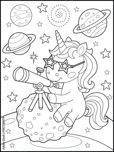 Space Unicorn Coloring Page for Kids. Printable Black and White Activity Sheet with a Cute Unicorn Cartoon Character.