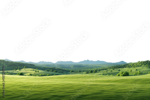 Vast green landscape with rolling hills and mountains under a clear blue sky during the daytime