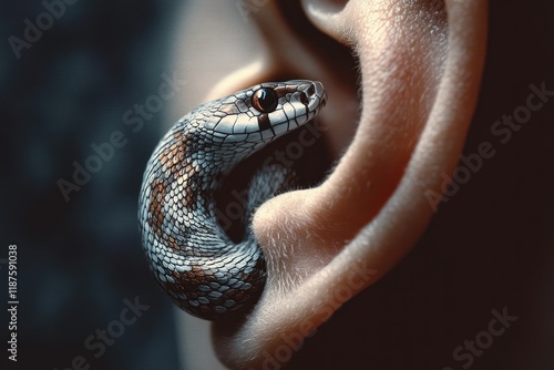 Illustration of Snake Whispering in Ear, Surreal Temptation Concept, Sin, Manipulation, Persuasion