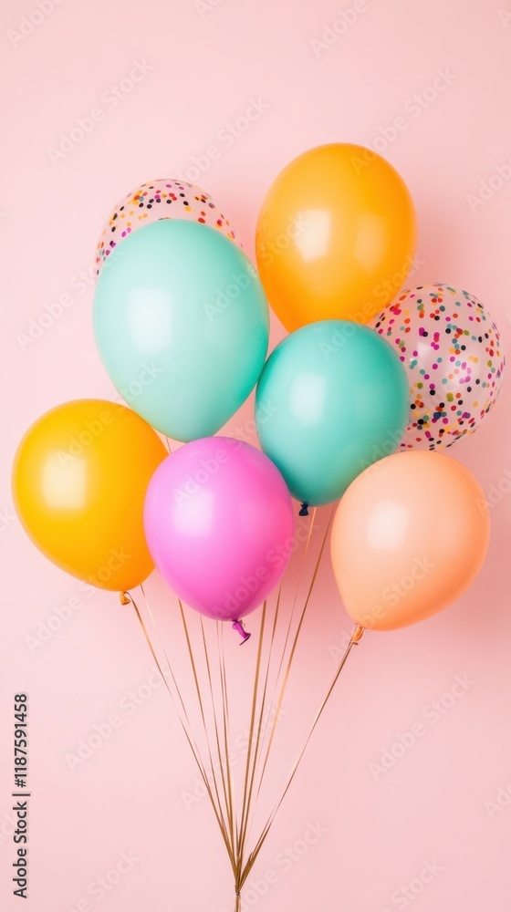 A colorful balloon arrangement against a light pink backdrop brings a cheerful vibe, perfect for parties and gatherings A colorful balloon arrangement against a light pink backdrop brings a cheerful vibe, perfect for parties and gatherings