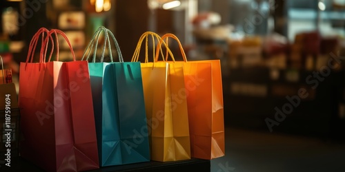 An array of vibrant shopping bags arranged neatly in a stylish store, representing consumerism, fashion, and the joy of shopping in a contemporary urban setting. photo