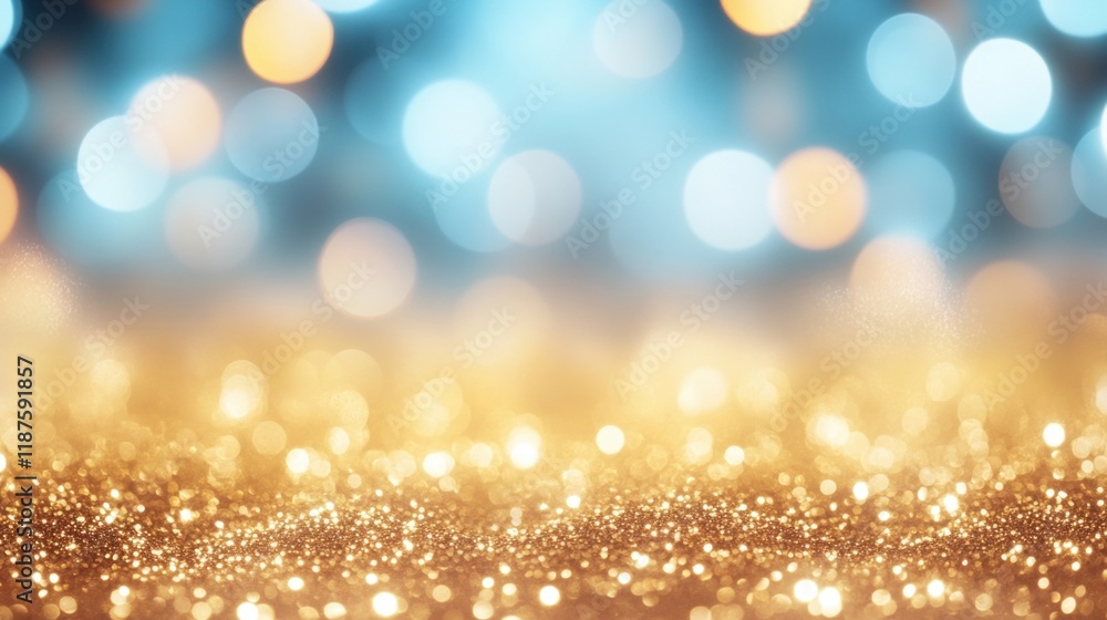 Beautiful bokeh lights in blue and gold shimmer softly, creating an enchanting atmosphere filled with abstract sparkle and depth in the background Beautiful bokeh lights in blue and gold shimmer softly, creating an enchanting atmosphere filled with abstract sparkle and depth in the background