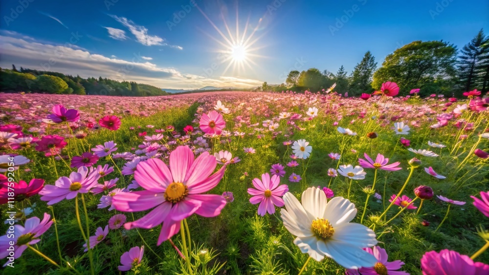 Aerial Drone Shot: Vibrant Cosmos Flowers Blooming in Lush Green Field Aerial Drone Shot: Vibrant Cosmos Flowers Blooming in Lush Green Field