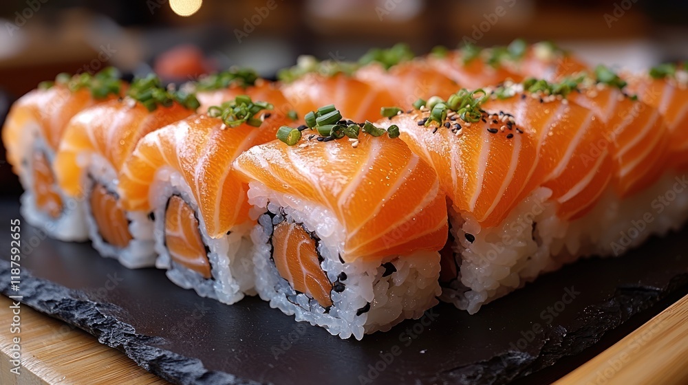 Fresh sushi rolls topped with salmon and herbs. Fresh sushi rolls topped with salmon and herbs.