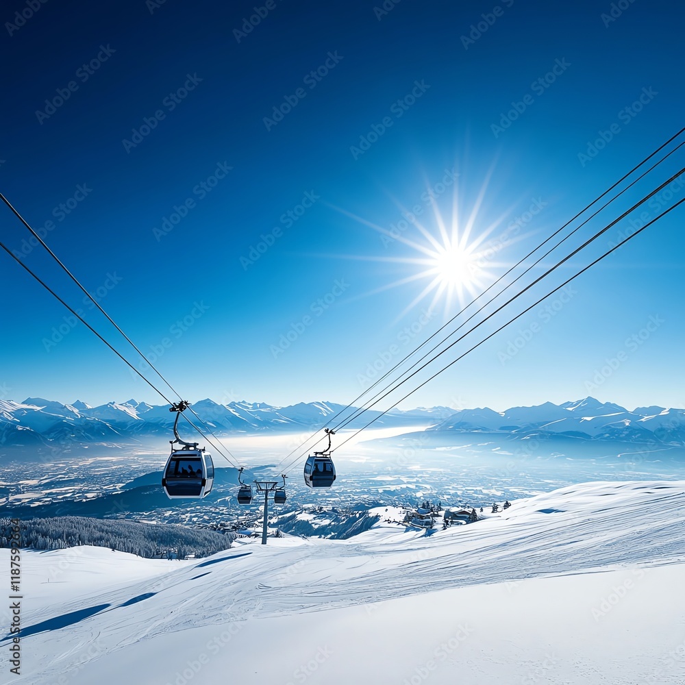 Obraz premium Cable cars ascending above snowy slopes, offering a bird seye view of a busy mountain resort and breathtaking winter scenery