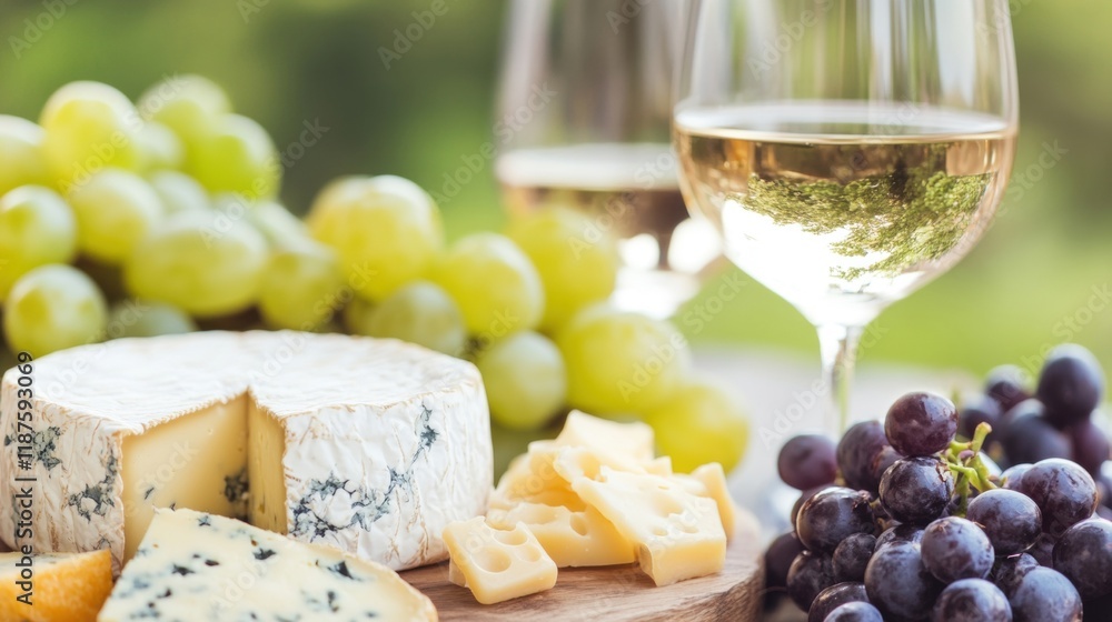 Delight in a wine and cheese platter set outdoors, featuring a variety of cheeses and fresh grapes against a lush green background Delight in a wine and cheese platter set outdoors, featuring a variety of cheeses and fresh grapes against a lush green background