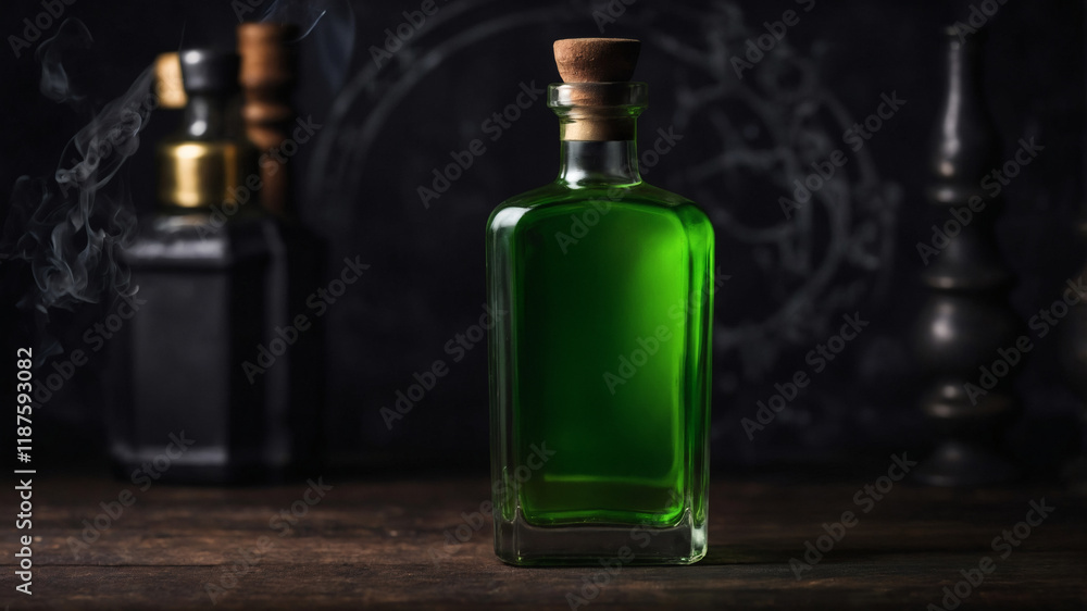 A bottle of vibrant green liquid sits on a dark wooden surface, with a smoky atmosphere and other dark objects in the background. A bottle of vibrant green liquid sits on a dark wooden surface, with a smoky atmosphere and other dark objects in the background.