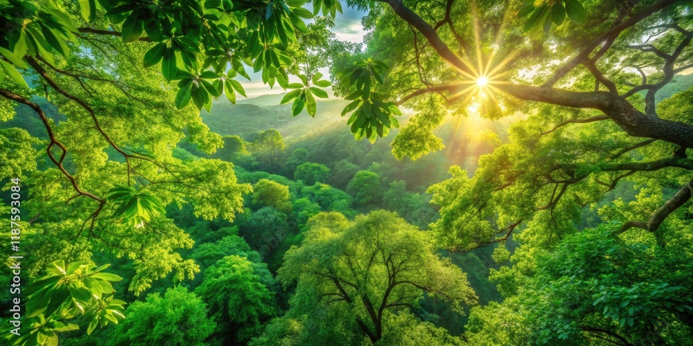 Fototapeta premium Breathtaking Aerial View of Lush Foliage Illuminated by Sunlight, Capturing Nature's Beauty and Serenity in Vibrant Greenery, Perfect for Nature Lovers and Photographers