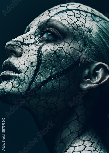 Side profile of a woman with cracked clay texture face art and teal lighting