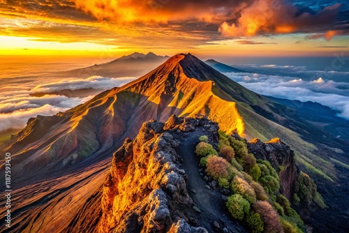 Aerial Macro View of Gunung Slamet Volcano, Purbalingga, Indonesia - Active Stratovolcano Summit Detail photo