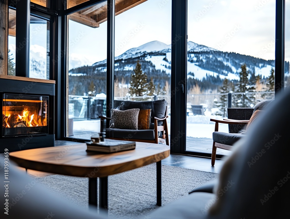 Fototapeta premium Cozy cabin interior with a roaring fireplace, rustic wooden furniture, and a snowy mountain visible through large glass windows