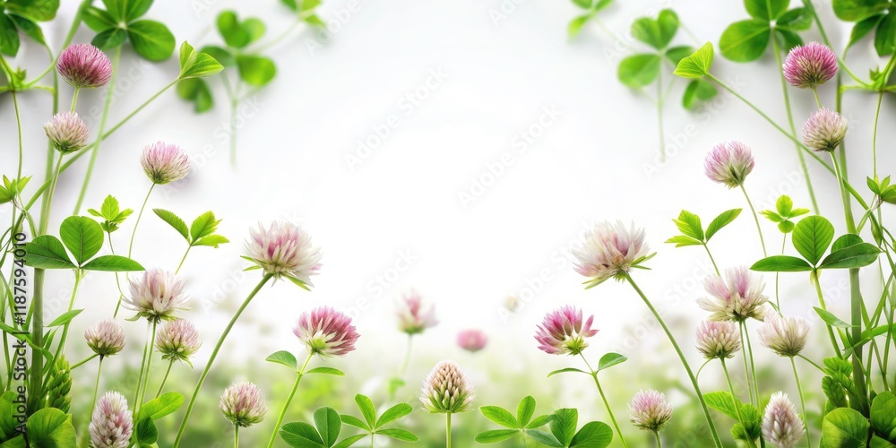Charming Tilt-Shift Clover Border for Text Overlay on Clean White Background, Ideal for Invitations, Greeting Cards, and Social Media Posts Charming Tilt-Shift Clover Border for Text Overlay on Clean White Background, Ideal for Invitations, Greeting Cards, and Social Media Posts