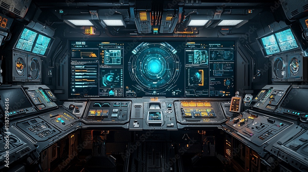 Futuristic spaceship bridge control panel with holographic display. Futuristic spaceship bridge control panel with holographic display.