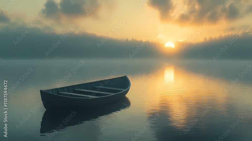 Drifting wooden boat on misty lake at dawn, with serene moonrise reflecting on water. tranquil atmosphere evokes sense of peace and solitude. moonrise. illustration. Moonbreeze. Illustration Drifting wooden boat on misty lake at dawn, with serene moonrise reflecting on water. tranquil atmosphere evokes sense of peace and solitude. moonrise. illustration. Moonbreeze. Illustration