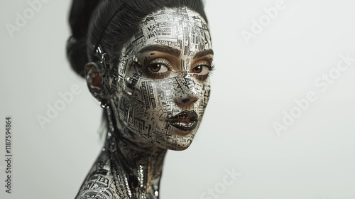 Close-up of a woman with newspaper-inspired full-face tattoo and neutral background