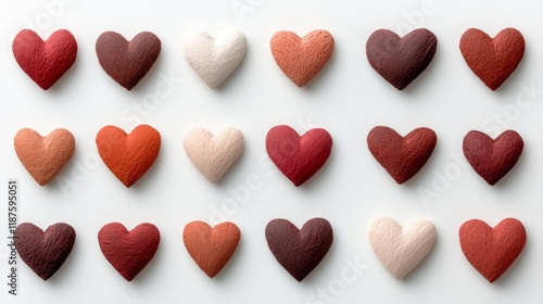 Small colorful hearts in shades of red and pink scattered around on a white background, perfect for a Valentine's Day theme.