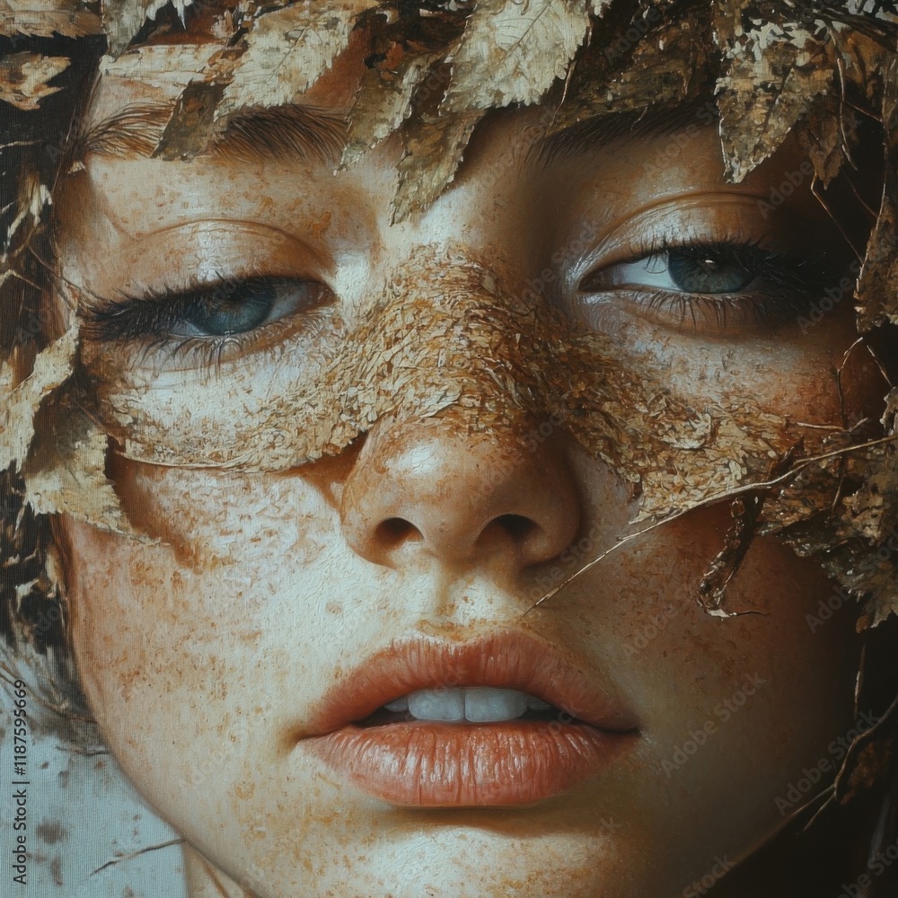 Fototapeta premium Portrait of a Woman with Natural Elements on Face