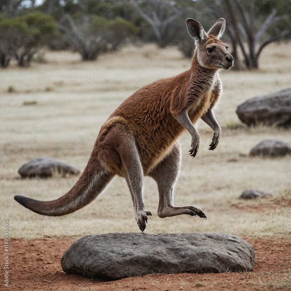 A kangaroo hopping over a small rock, with a white backdrop. A kangaroo hopping over a small rock, with a white backdrop.