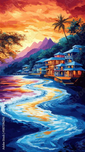 Stunning Tropical Sunset Landscape Featuring Vibrant Ocean Waves, Colorful Beachfront Houses, Majestic Mountains, and Towering Palm Tree at Dusk